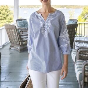 Talbots Embroidered V Neck Tunic Top Size 3XP Blue Stripe Cotton Coastal Classic